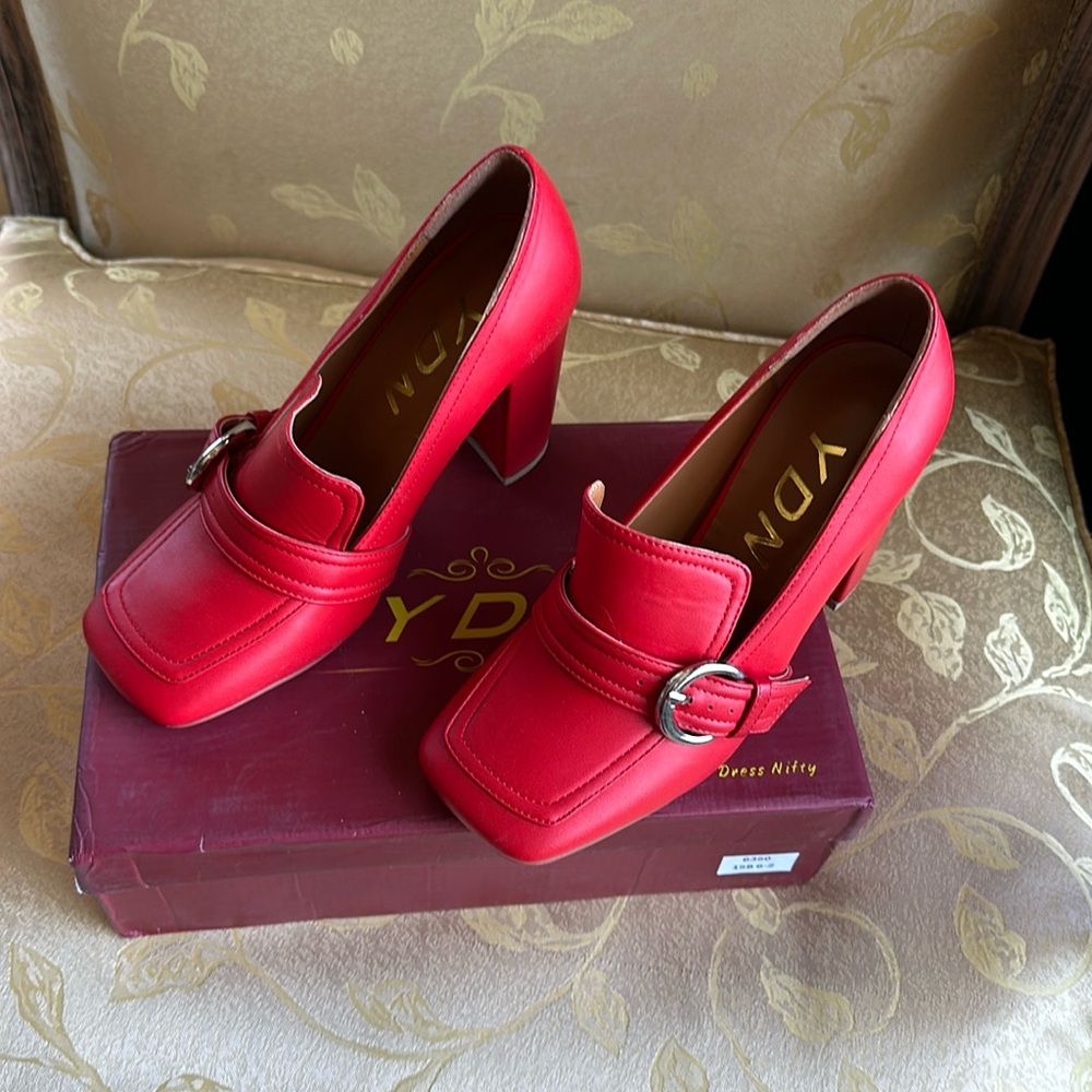 Y D N  Red 4 inch heels new, never worn. Square toe.  Comfortable and classy.